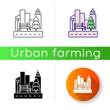 Sokak peyzaj ikonu. Şehir kaldırımında. Halk parkı. Kasabada büyüyen ağaç. Trafikli gökdelenler. Binaların yanındaki garaj yolunda. Lineer siyah ve RGB renk stilleri. İzole vektör çizimleri