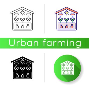 Sera ikonu. Seradan alınmış mahsul. Serada hasat edin. Sebze yetiştir. Profesyonel tarım iş sistemi. Lineer siyah ve RGB renk stilleri. İzole vektör çizimleri