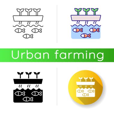 Aquaponics simgesi. Sulu akvaryum. Beslenmek için kanalizasyondan tünele. Tarım işi. Sürdürülebilir biyoteknoloji. Lineer siyah ve RGB renk stilleri. İzole vektör çizimleri