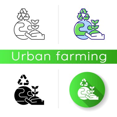 Çevre iyileştirme simgesi. Gezegen koruması. Kaynakları geri dönüştür. Çevre dostu prodüksiyon. Çevreci örgüt. Lineer siyah ve RGB renk stilleri. İzole vektör çizimleri