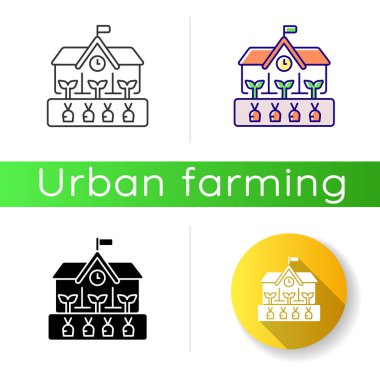 Okul bahçesi ikonu. Akademinin arka bahçesinde tarım. Anaokulunun bahçesinde sebze yetiştir. Tohum ekmek ve bahçıvanlık. Lineer siyah ve RGB renk stilleri. İzole vektör çizimleri