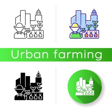 Şehir çiftliği ikonu. Bahçıvan yapımı. İşçi bitki yetiştirir. Sürdürülebilir tarım üretimi. Kasabada çiftçi. Ürün yetiştirin. Lineer siyah ve RGB renk stilleri. İzole vektör çizimleri