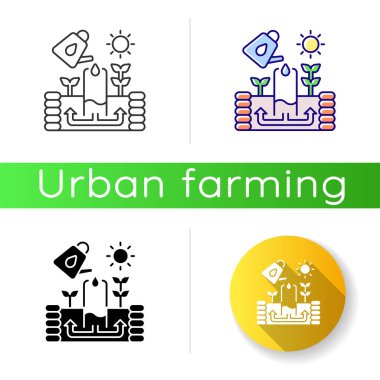 Anahtar deliği bahçe ikonu. Çiçekleri sulamak. Sebze yetiştirmek için bir yapı. Tarım üretimi için toprak sulama. Lineer siyah ve RGB renk stilleri. İzole vektör çizimleri