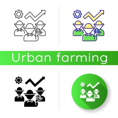Kültürel kalkınma ikonu. Tarım gelişimi. Bahçıvanlık işi ilerliyor. Tarım sektörü. Büyüme grafiği. Lineer siyah ve RGB renk stilleri. İzole vektör çizimleri
