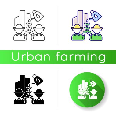 Toplum bahçecilik ikonu. Şehirdeki çiftçi grubu. Kentsel sürdürülebilir sebze üretimi. İkamet edenler için bahçecilik. Lineer siyah ve RGB renk stilleri. İzole vektör çizimleri