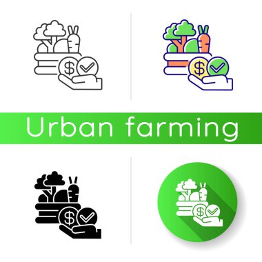 Ucuz gıda ikonu. Çiftçi pazarı. Tarım sektöründen gelir. Sebze sat. Tarım işi. Ekolojik ürün. Lineer siyah ve RGB renk stilleri. İzole vektör çizimleri