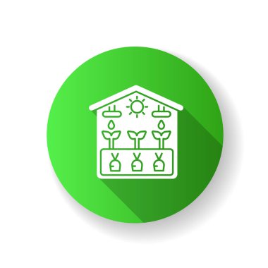 Sera yeşili düz tasarım uzun gölge sembolü. Seradan alınmış mahsul. Serada hasat edin. Profesyonel bahçıvanlık yapısı. Sebze yetiştir. Siluet RGB renk çizimi