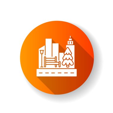 Sokak peyzajı düz tasarım uzun gölge simgesi. Şehir kaldırımında. Halk parkı. Kasabada büyüyen ağaç. Şehir merkezindeki doğa. Trafikli gökdelenler. Siluet RGB renk çizimi