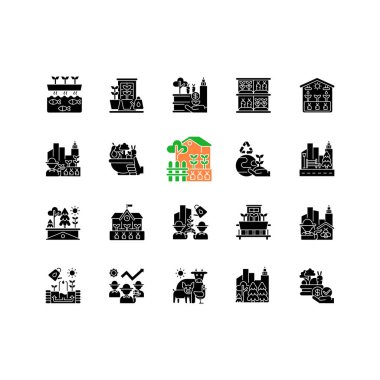 Kentsel tarım siyah kabartma sembolleri beyaz alana dizilmiş. Arka bahçe. Çevresel gelişim. Sokak düzenleme. Yeşil çatı. Dikey çiftlik. Siluet sembolleri. Vektör izole illüstrasyonu