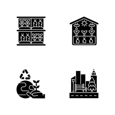 Ekolojik yapım düz tasarım uzun gölge sembolleri ayarlandı. Dikey bahçe. Sera prodüksiyonu. Sokak düzenleme. Şehir çiftçiliği. Siluet sembolleri. Vektör izole illüstrasyonu