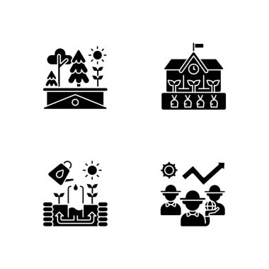 Topluluk simgeleri beyaz alana dizilmiştir. Yeşil çatı. Arka bahçede okul bahçesinde. Bitki yetiştirmek için anahtar deliği yapısı. Sulama mahsulü. Siluet sembolleri. Vektör izole illüstrasyonu