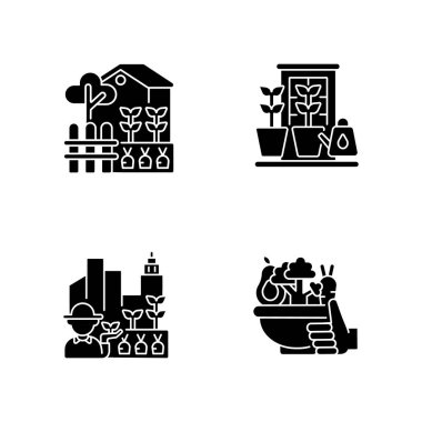 Beyaz uzaya dizilmiş siyah hobi sembolleri. Arka bahçe. Pencere kenarındaki saksılarda bitkileri sulamak. Çiftçi pazarından sağlıklı yiyecekler. Organik ürün. Siluet sembolleri. Vektör izole illüstrasyonu