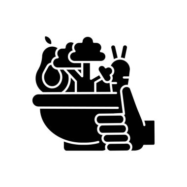 Sağlıklı yiyecek siyah kabartma simgesi. Organik sebzeler. Tarım üretimi. Kentsel bahçe ürünleri. Vejetaryen menüsü. Sağlıklı beslenme. Beyaz uzayda siluet sembolü. Vektör izole illüstrasyonu