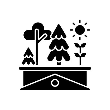 Yeşil çatılı siyah sembol. Bitkiler çatıda yetişir. Gökdelende çimenlik. Şehir bahçesinde. Şehirdeki bitkilerle ilgilenin. Beyaz uzayda siluet sembolü. Vektör izole illüstrasyonu