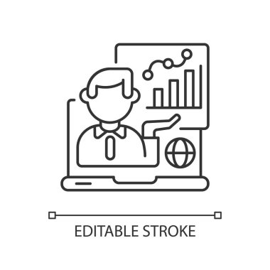 Çevrimiçi sunum doğrusal simgesi. İnternet veri analizleri. Bilgi analizi sunucusu. İnce çizgi özelleştirilebilir illüstrasyon. Contour sembolü. Vektör izole çizim. Düzenlenebilir vuruş