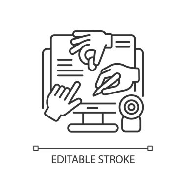 Herkes doğrusal simgeyle buluşsun. Çevrimiçi işbirliği projesi. İş belgelerini paylaş. İnce çizgi özelleştirilebilir illüstrasyon. Contour sembolü. Vektör izole çizim. Düzenlenebilir vuruş