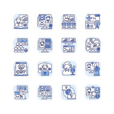 Çevrimiçi konferans RGB renk simgeleri ayarlandı. İnternet sunumu. İş arkadaşlarıyla video görüşmesi. E-öğrenim ve uzak eğitim. Uzak bir işyeri. Özel ağ. İzole vektör çizimleri