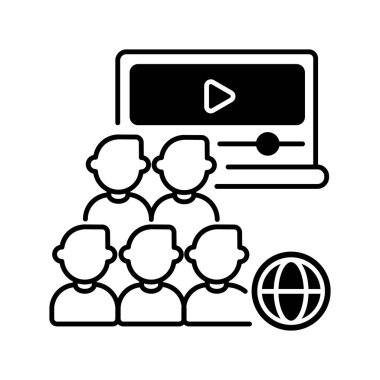 Seyirci siyah doğrusal simge. Çevrimiçi grup. İnsanlar internette video izliyor. Wi-Fi ile uzaktan bağlantı. Uzaktan iletişim. Beyaz uzayda ana hat sembolü. Vektör izole illüstrasyonu