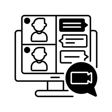 Siyah doğrusal simgeyi paylaşan ekran. Görüntülü arama. İnternetteki konferans. İş arkadaşımla sanal toplantı. İş arkadaşları için uzaktan çalışma sohbeti. Beyaz uzayda ana hat sembolü. Vektör izole illüstrasyonu