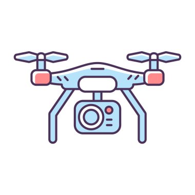 Drone kamera RGB renk simgesi. Gezici helikopter panoramik kare çekmek için. Hobi film yapımı için uçan alet. Havadan fotoğraf. Uzaktan kumandalı güvenlik kamerası görüntüleri. İzole vektör illüstrasyonu