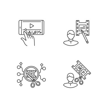 Filmler doğrusal simgeler oluşturur. Cep telefonu montajı. Akıllı telefondan film yapımı yazılımı. Özelleştirilebilir ince çizgi şekilleri. İzole vektör çizimi çizimleri. Düzenlenebilir vuruş