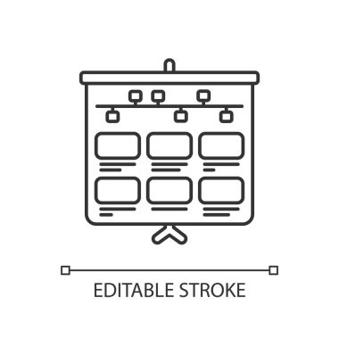 Storyboard doğrusal simgesi. Animasyon profesyonel prodüksiyon adımı. Çerçevelerin beyaz tahtada akışı. İnce çizgi özelleştirilebilir illüstrasyon. Contour sembolü. Vektör izole çizim. Düzenlenebilir vuruş
