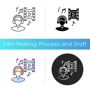 Müzik danışmanı ikonu. Ses yapımı için yapımcı. Kulaklıkla şarkı dinle. Film müziği bestecisi. Kulaklıklı ses. Lineer siyah ve RGB renk stilleri. İzole vektör çizimleri