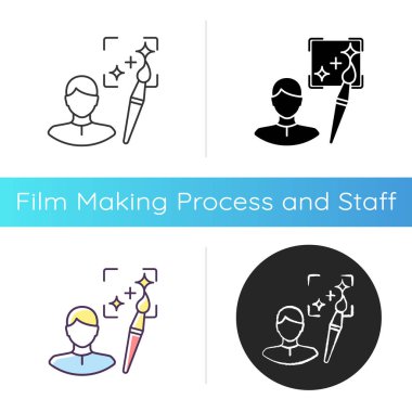 Sanat yönetmeni ikonu. Sinematografi için görsel efektler. Film yapımının yaratıcı süreci. Film tasarımcısı. Profesyonel asistan. Lineer siyah ve RGB renk stilleri. İzole vektör çizimleri