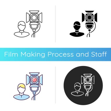 Işık teknisyeni ikonu. Elektrikli aletler için profesyonel işçi. Sahne ışıkları koordinasyonu. Canlı yayındayız. Lineer siyah ve RGB renk stilleri. İzole vektör çizimleri