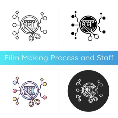 Algoritmik düzenleme simgesi. Video yapımında yapay zeka. Yenilikçi film yapımı. Sanal içerik. Lineer siyah ve RGB renk stilleri. İzole vektör çizimleri