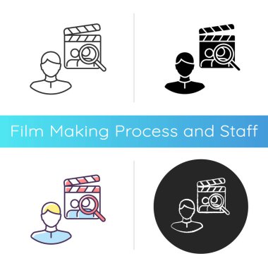 Oyuncu seçimi yönetmeni ikonu. Film yapımcısıyım. Sinema yapım personeli. Tiyatro ekibi kirala. Hollywood yöneticisi. Lineer siyah ve RGB renk stilleri. İzole vektör çizimleri