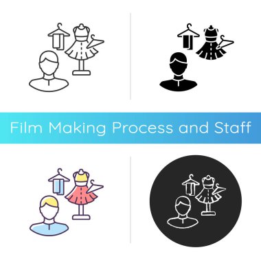 Kostüm yönetmeni ikonu. Kıyafet tasarımcısı. Moda elbisesi üretimi. Özel tasarım stüdyosu. Terzi atölyesi. Tekstil servisini tamir et. Lineer siyah ve RGB renk stilleri. İzole vektör çizimleri