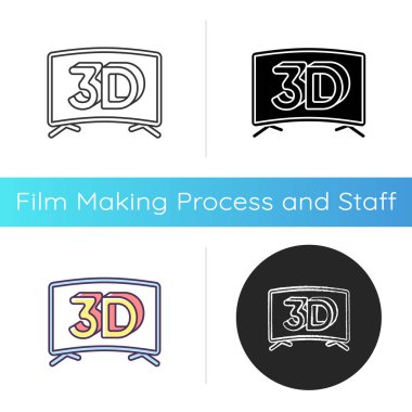 3 boyutlu televizyon ikonu. Üç boyutlu görsel efekt. Ev eğlencesi için plazma TV ekranı. Film izlemek için yenilikçi bir teknoloji. Lineer siyah ve RGB renk stilleri. İzole vektör çizimleri