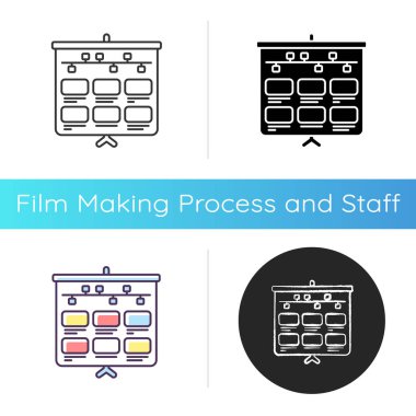 Storyboard ikonu. Animasyon profesyonel prodüksiyon adımı. Görsel gelişme. Beyin fırtınası. Yönetim ve araştırma. Lineer siyah ve RGB renk stilleri. İzole vektör çizimleri