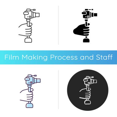 Hafif minicamera ikonu. Taşınabilir cihazlı profesyonel fotoğrafçılık. Videoya odaklan. Film yapmak için bir araç. Lineer siyah ve RGB renk stilleri. İzole vektör çizimleri