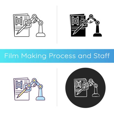 Yapay zeka senaryo simgesi yazdı. Film yapımında yenilikçi teknoloji. Yapay zeka film senaryosu üretiyor. Lineer siyah ve RGB renk stilleri. İzole vektör çizimleri