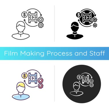 Yapımcı simgesi. Film yapımcılığının finans müdürü. Sinema yapımcısı. Bütçede görsel gelişme. Proje lideri. Lineer siyah ve RGB renk stilleri. İzole vektör çizimleri