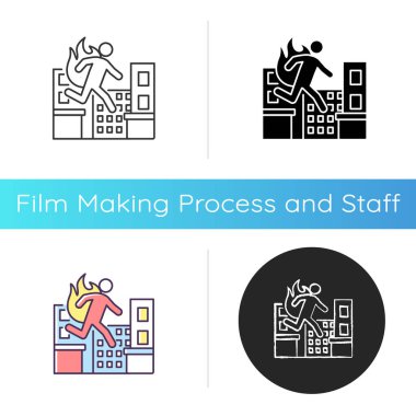 Dublör ikonu. Sinema aktörü. Profesyonel sinemacı. Felaket içinde koşan biri. Şehirde bir kaza. Film yapımcılığı. Lineer siyah ve RGB renk stilleri. İzole vektör çizimleri