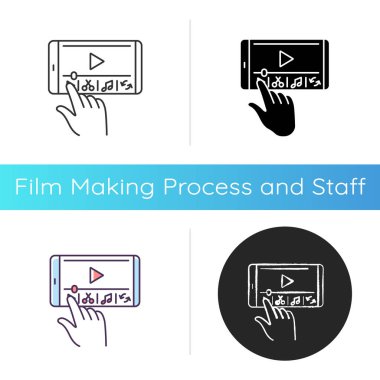 Akıllı telefon filmi ikon oluşturuyor. Videoyu elektronik aygıtla düzenle. Cep telefonunda yaratıcı işlem. Filmleri düzenlemek için yazılım. Lineer siyah ve RGB renk stilleri. İzole vektör çizimleri