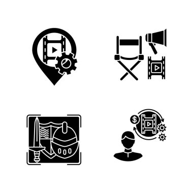 Film yapım süreci, beyaz alana siyah kabartma simgeleri yerleştirildi. Film çekimi için yer. Navigasyon için GPS işaretçisi. Hollywood yönetmeni. Siluet sembolleri. Vektör izole illüstrasyonu