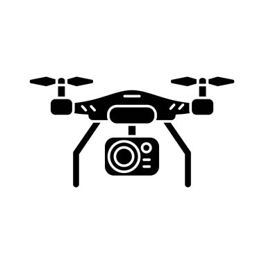 İHA kamera siyah simge simgesi. Gezici helikopter panoramik kare çekmek için. Hobi film yapımı için uçan alet. Havadan fotoğraf. Beyaz uzayda siluet sembolü. Vektör izole illüstrasyonu