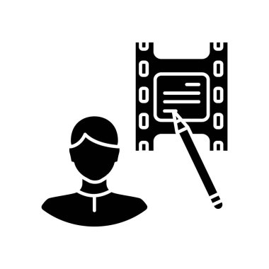 Senarist siyah sembol. Senaryo yazarı. Film yapımcılığı uzmanı. Film yapımcısı. Sinematografi için senaryo yaz. Beyaz uzayda siluet sembolü. Vektör izole illüstrasyonu