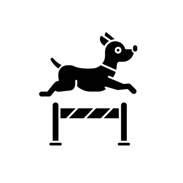 黒いグリフのアイコンを訓練するペット 国内動物チームと規律教育サービス白い空間にシルエットのシンボル 犬はコンテストの準備をし 障害物ベクトル孤立イラストを飛び越える — ストックベクタ