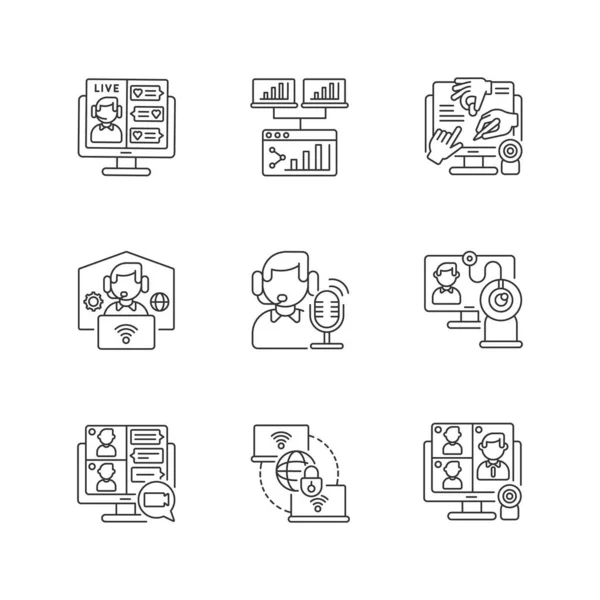 Conjunto Ícones Lineares Comunicação Virtual Fluxo Mídia Social Partilha Ecrã —  Vetores de Stock