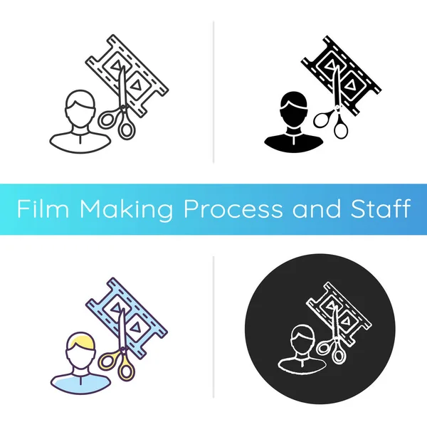 Film editor icon. Professional filmmaker. Editing movie. Cinema production specialist. Cut filmstrip. Visual content. Linear black and RGB color styles. Isolated vector illustrations