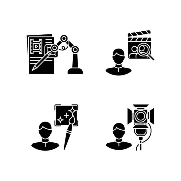 电影制作的黑色象形文字设置在白色的空间上 我写了剧本 选角导演雇用演员 创意艺术制作人 照明技师 轮廓符号 矢量孤立的说明 — 图库矢量图片