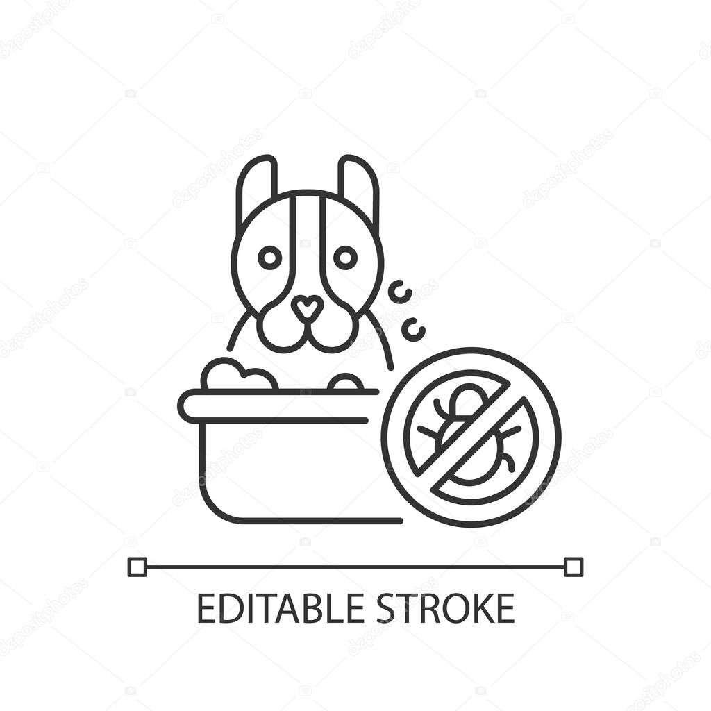 Dog washing linear icon. Professional pet care service, animal hygiene thin line customizable illustration. Contour symbol. Washing puppy with shampoo. Vector isolated outline drawing. Editable stroke