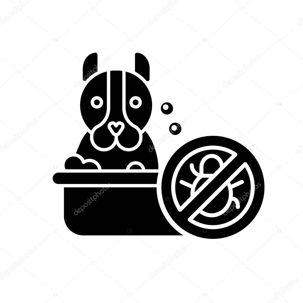 Dog washing black glyph icon. Professional pet care service, animal hygiene silhouette symbol on white space. Small business. Washing puppy with flea protecting shampoo. Vector isolated illustration