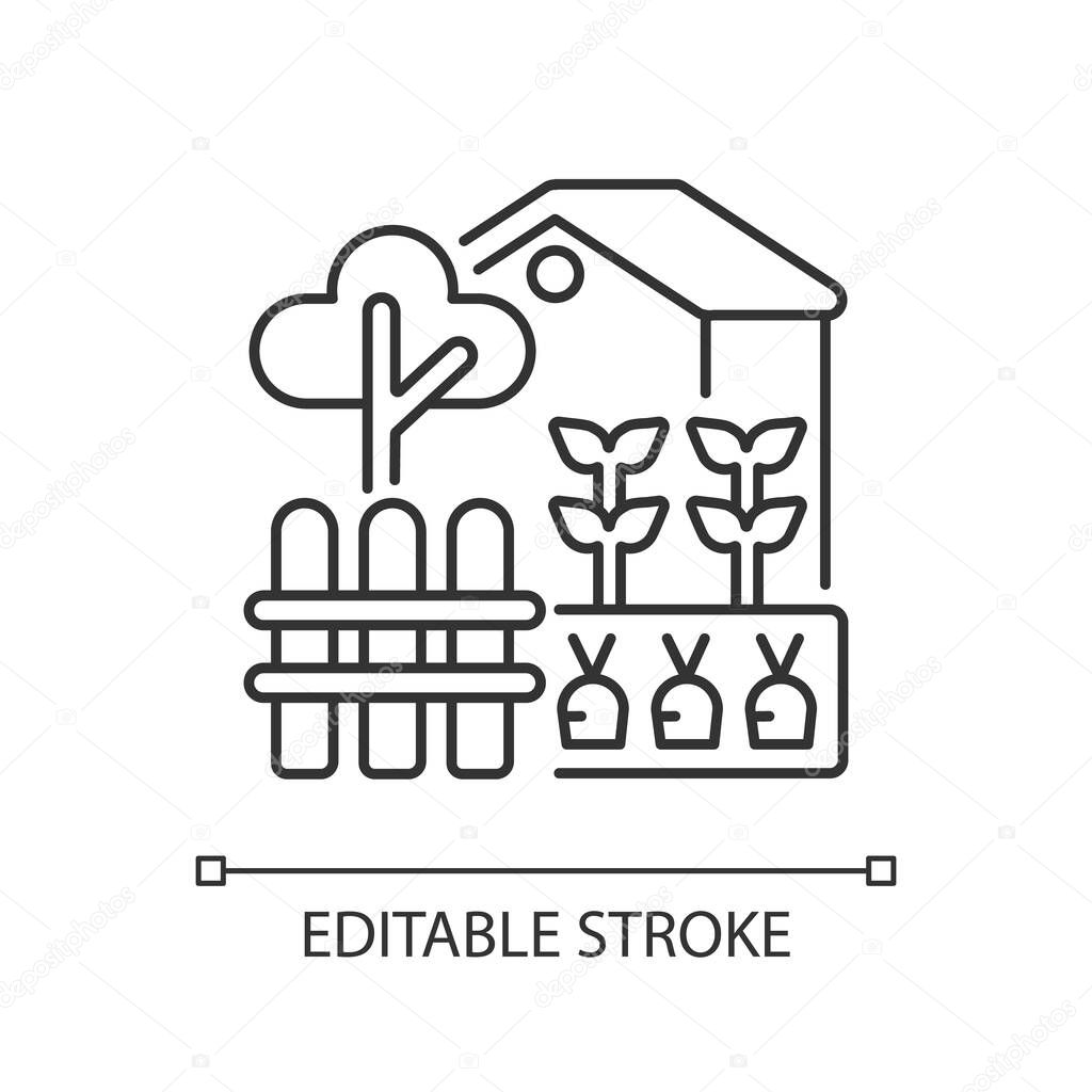 Backyard garden linear icon. Urban farming at home yard. Agriculture for hobby. Cultivate plants. Thin line customizable illustration. Contour symbol. Vector isolated outline drawing. Editable stroke