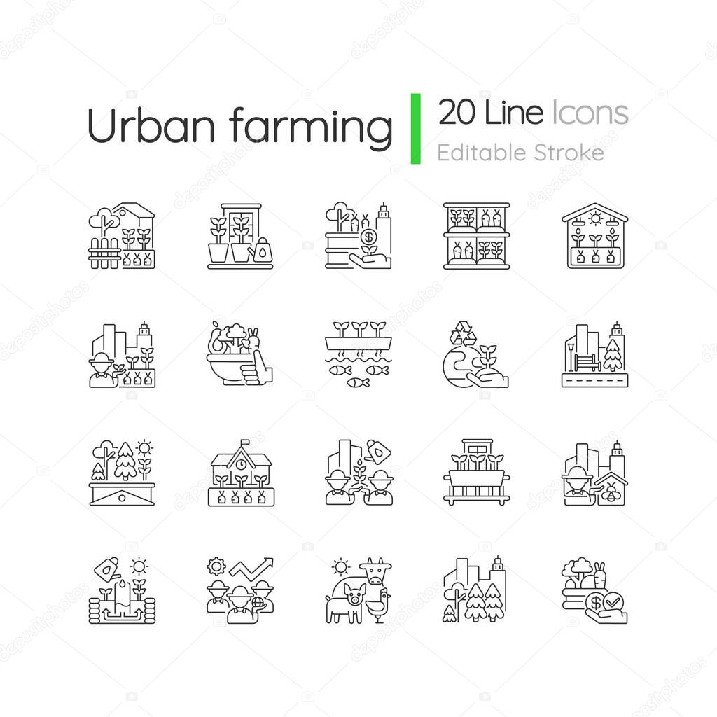Urban farming linear icons set. Backyard garden. Environmental improvement. Street landscaping. Customizable thin line contour symbols. Isolated vector outline illustrations. Editable stroke